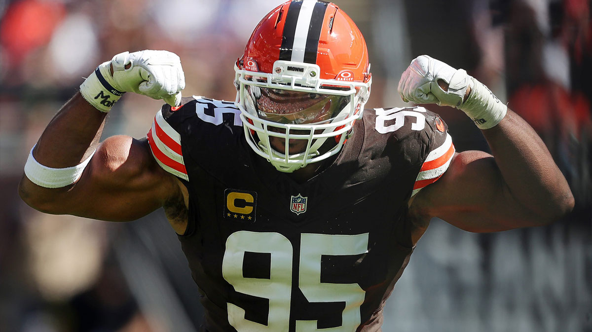 Cleveland Browns defensive end Myles Garrett celebrates after sacking Cincinnati Bengals quarterback Joe Burrow on Sept. 7, 2025, in Cleveland.