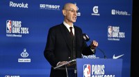 NBA commissioner Adam Silver speaks before a NBA Game between the Brooklyn Nets and the Cleveland Cavaliers at AccorHotels Arena.