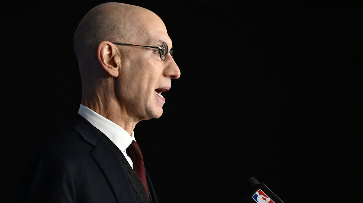 NBA commissioner Adam Silver speaks before a NBA Game between the Brooklyn Nets and the Cleveland Cavaliers at AccorHotels Arena.