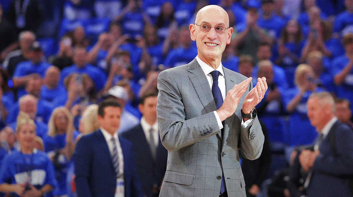 NBA commissioner is Adam Silver presents Oklahoma City Thunder guard Shai Gilgeous-Alexander (not pictured) with the Michael Jordan Trophy for winning the most valuable player award for the 2024-25 season before game two of the western conference finals for the 2025 NBA Playoffs at Paycom Center