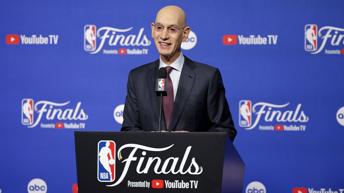 NBA commissioner Adam Silver speaks to the media before game one between the Oklahoma City Thunder and the Indiana Pacers in the 2025 NBA Finals at Paycom Center.