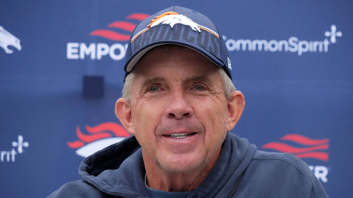 Denver Broncos head coach Sean Payton speaks to media at press conference at the Hanbury Manor.