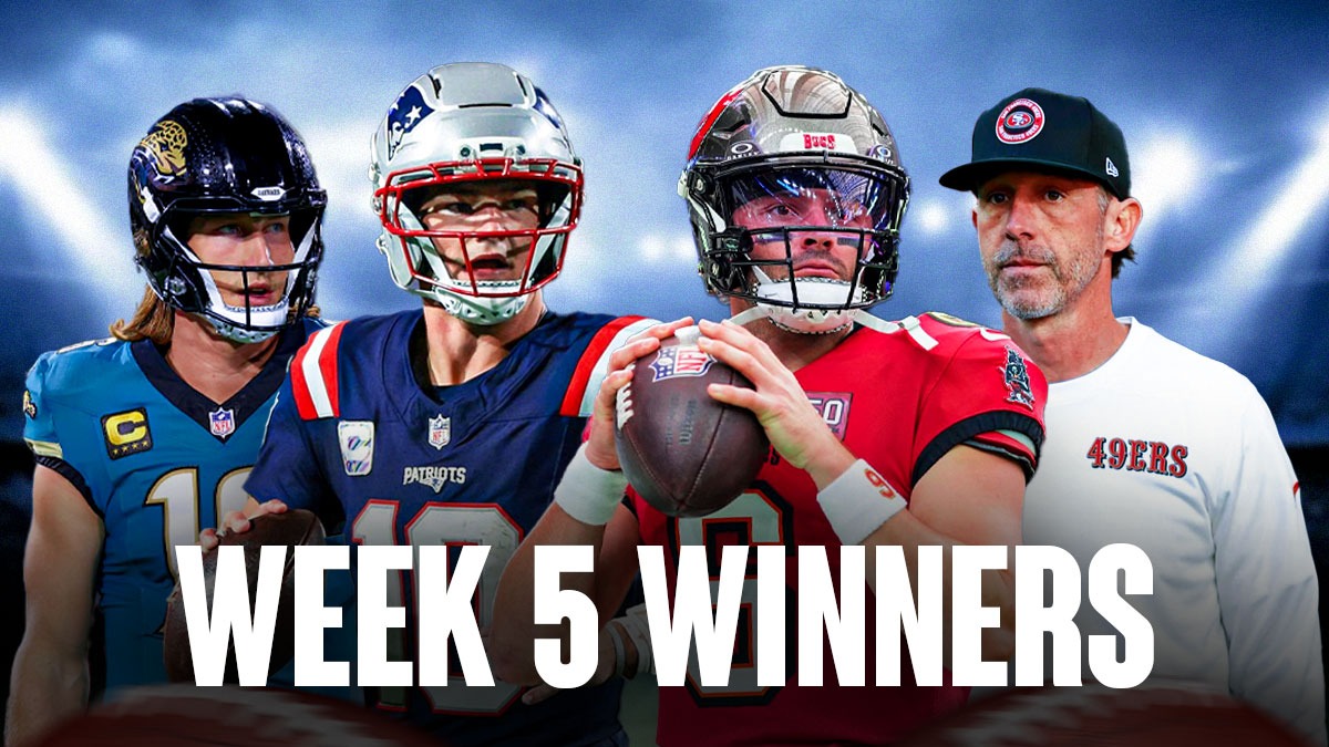Jaguars' Trevor Lawrence, Patriots' Drake Maye, 49ers' Kyle Shanahan and Buccaneers' Baker Mayfield "Week 5 Winners" text at the bottom
