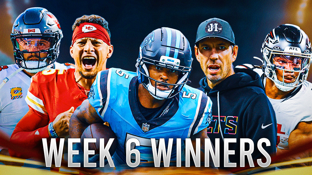 Buccaneers QB Baker Mayfield with Chiefs QB Patrick Mahomes, Panthers RB Rico Dowdle, Colts head coach Shane Steichen, and Falcons RB Bijan Robinson. There is also text that says "WEEK 6 WINNERS"