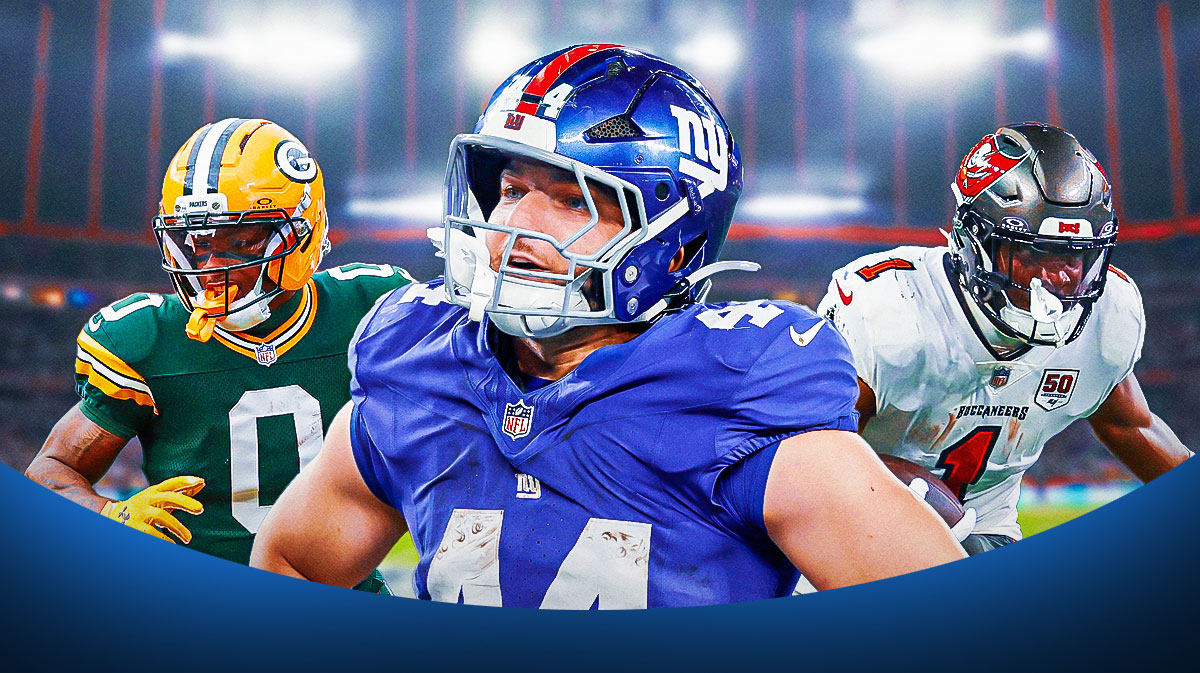 Fantasy football players Giants RB Cam Skattebo, Buccaneers RB Rachaad White and Packers WR Matthew Golden