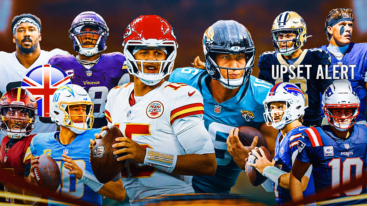 The ClutchPoints 2025 NFL Week 5 picks, predictions, and odds column feauring: - Chiefs Patrick Mahomes and Jaguars Trevor Lawrence large and in the middle surrounded by... - Commanders Jayden Daniels and Chargers Justin Herbert - Browns Myles Garret and Vikings Justin Jefferson with a Great Britain Flag underneath them - Bills Josh Allen and Patriots Drake Maye - Giants Jaxson Dart and Saints Spencer Rattler "UPSET ALERT" underneath
