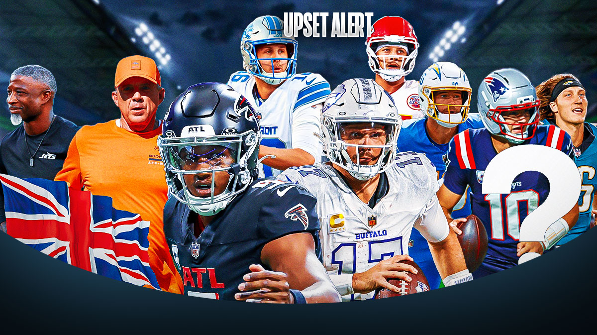 the ClutchPoints 2025 NFL Week 6 picks, predictions, and odds column with - Bills Josh Allen and Falcons Michael Penix Jr. surrounded by... - Commanders Jayden Daniels and Bears Caleb Williams - Jets Aaron Glenn and Broncos Sean Payton with a Great Britain Flag underneath them - Patriots Drake Maye, Jaguars Trevor Lawrence and Chargers Justin Herbert with question marks in front of them - Chiefs Patrick Mahomes and Lions Jared Goff "UPSET ALERT" underneath