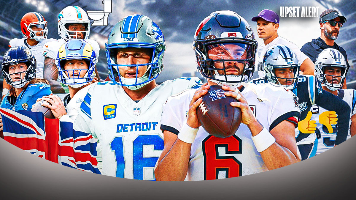 The ClutchPoints 2025 NFL Week 7 picks, predictions, and odds column featuring - - The Lions Jared Goff and Buccaneers Baker Mayfield large and in the middle surrounded by... - Panthers Bryce Young in a black jersey with a thumbs up and Bryce Young in a white jersey with a thumbs down - Jaguars Trevor Lawrence and Rams Matthew Stafford with a Great Britain Flag underneath them - Dolphins Tua Tagovailoa and Browns Dillon Gabriel with a toilet 🚽 emoji in front of them - Eagles Nick Sirianni and Vikings Kevin O'Connell "UPSET ALERT" underneath