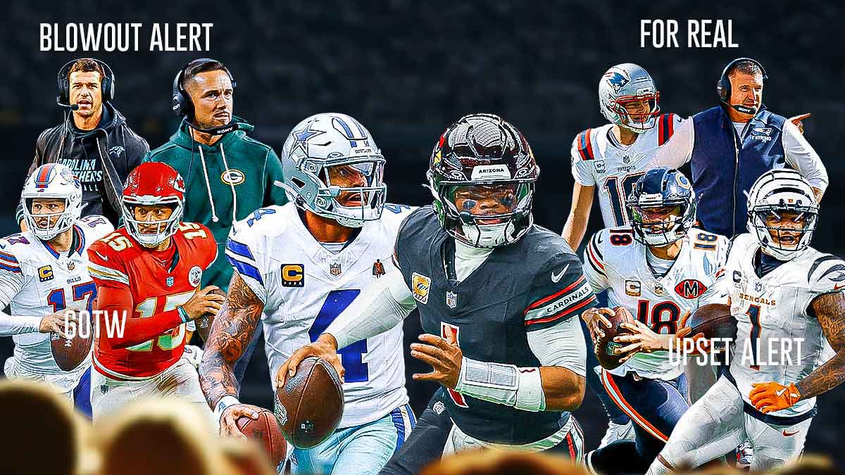 The ClutchPoints 2025 NFL Week 9 picks, predictions, and odds column, featuring: - Cowboys Dak Prescott and Cardinals Kyler Murray large and in the middle surrounded by... - Bills Josh Allen and Chiefs Patrick Mahomes with "GOTW" in front of them - Bengals Ja'Marr Chase and Bears Caleb Williams with "UPSET ALERT" - Packers Matt LaFleur and Panthers Dave Canales with "BLOWOUT ALERT" underneath - Patriots Drake Maye and Mike Vrabel with "FOR REAL" underneath