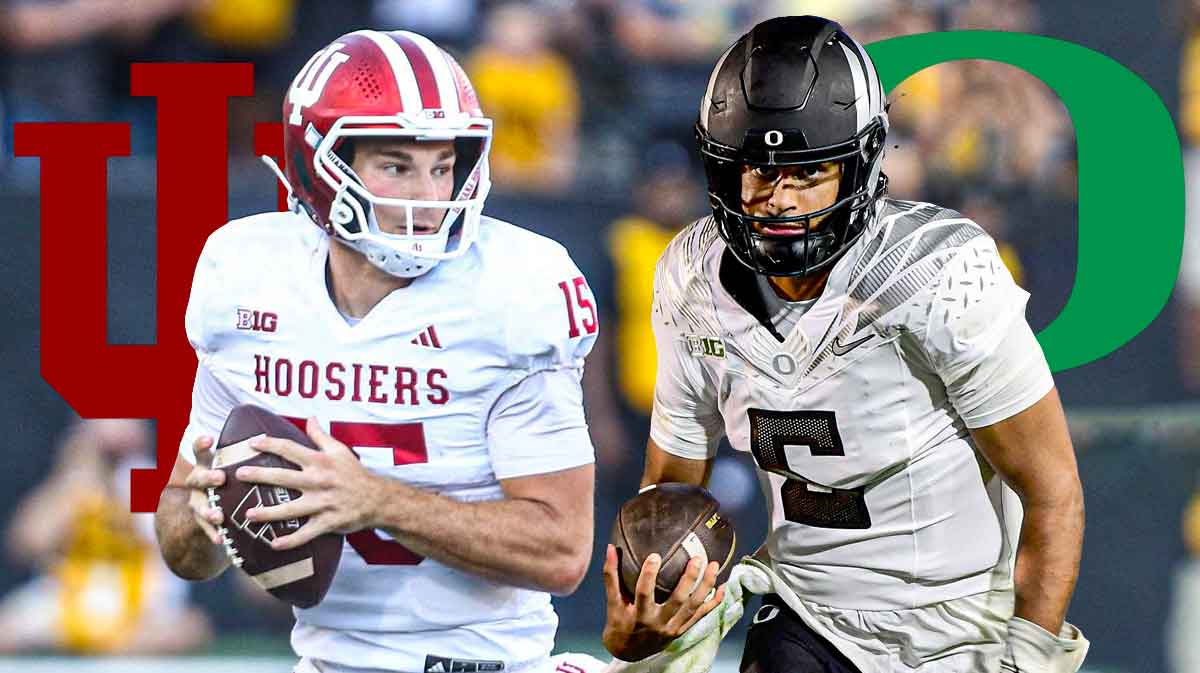 Indiana logo and QB Fernando Mendoza on one side and Oregon logo and QB Dante Moore on the other