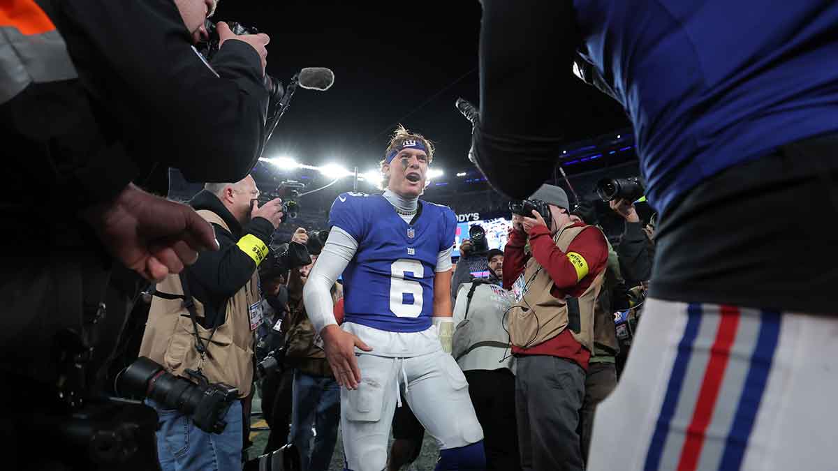 New York Giants quarterback Jaxson Dart (6) leaves the field after defeating the Philadelphia Eagles in the game at MetLife Stadium.