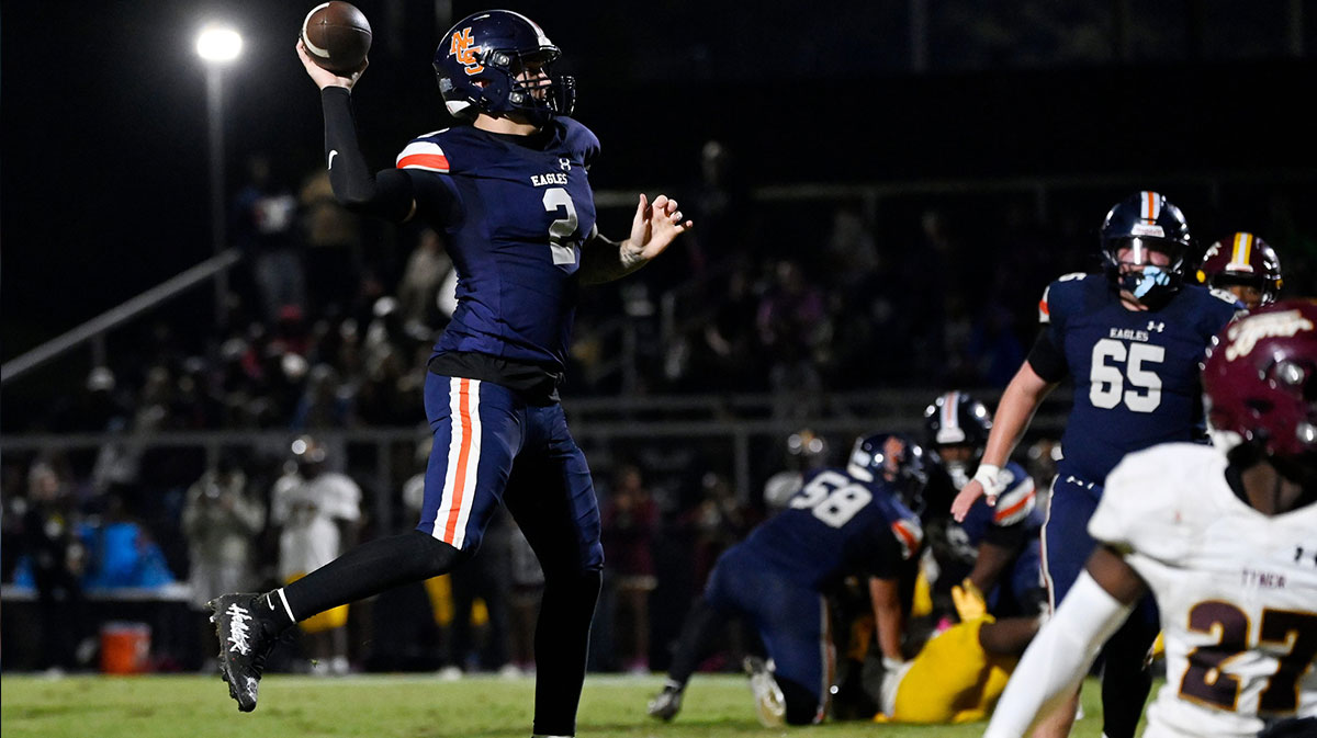Nashville Christian quarterback Jared Curtis (2) passes against Tyner during a high school football game Friday, Oct. 10, 2025, in Nashville, Tenn.