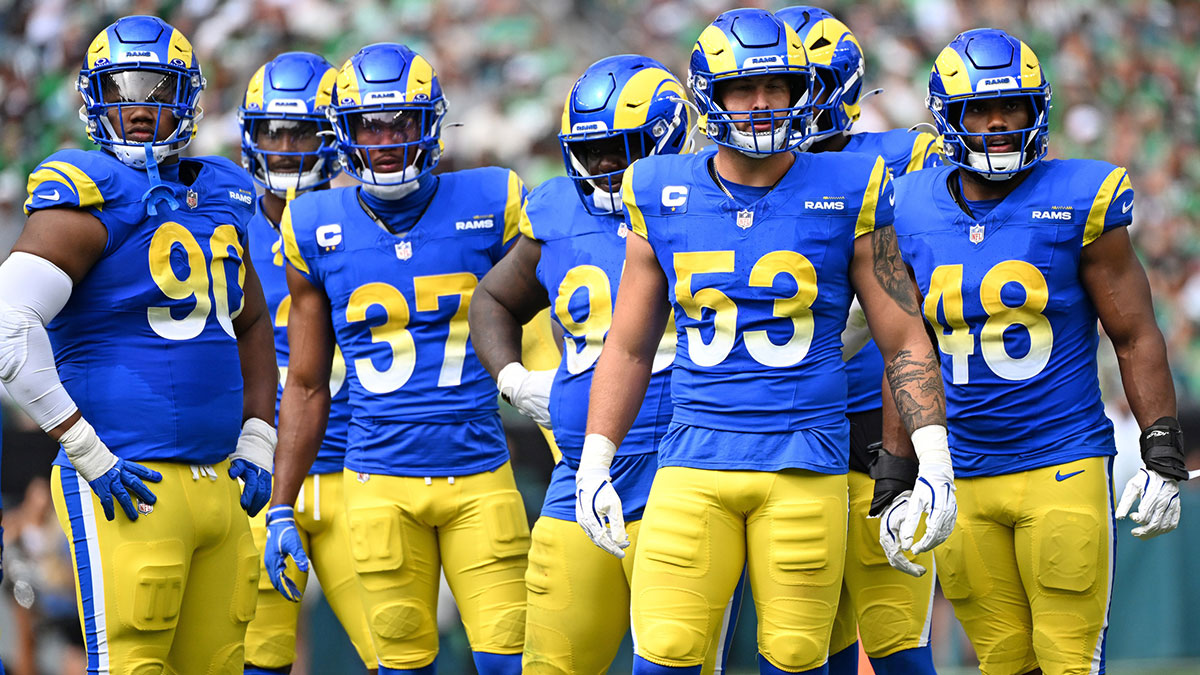 Los Angeles Rams linebacker Nate Landman (53) and teammates against the Philadelphia Eagles at Lincoln Financial Field.