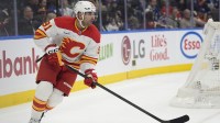 Calgary Flames forward Nazem Kadri (91) carries the puck against the Toronto Maple Leafs during the first period at Scotiabank Arena.