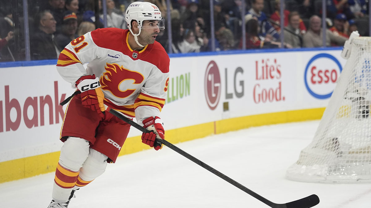Calgary Flames forward Nazem Kadri (91) carries the puck against the Toronto Maple Leafs during the first period at Scotiabank Arena.