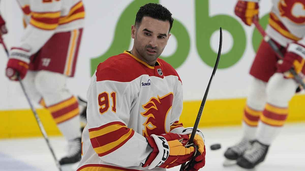 Calgary Flames forward Nazem Kadri (91) skates during warm up before a game against the Toronto Maple Leafs at Scotiabank Arena.
