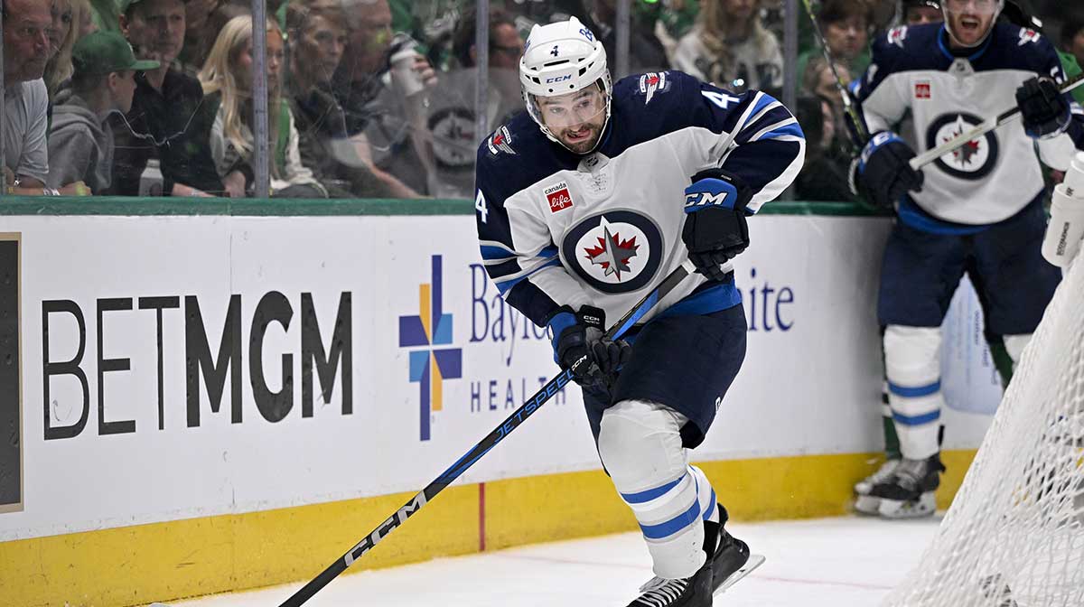 Winnipeg Jets defenseman Neal Pionk (4) in action during the game between the Dallas Stars and the Winnipeg Jets in game three of the second round of the 2025 Stanley Cup Playoffs at American Airlines Center