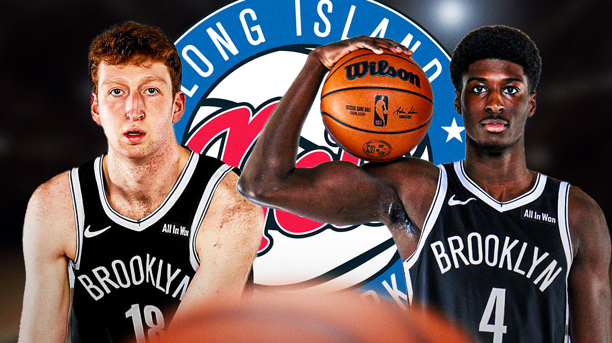 Danny Wolf and Drake Powell with a Long Island Nets logo in between them