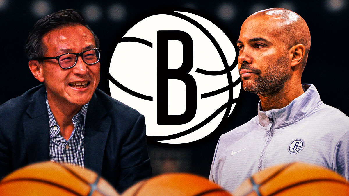 Jordi Fernandez and Joe Tsai with a Nets logo in between them
