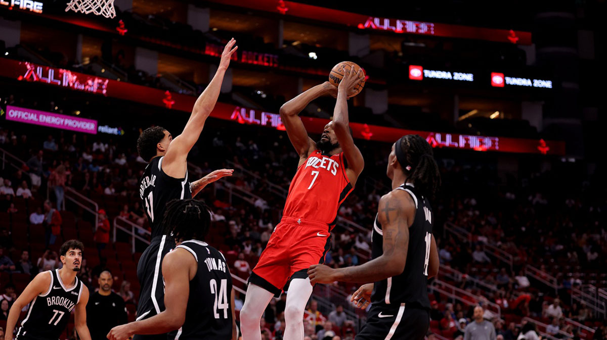 Houston Rockets forward Kevin Durant (7) shoots against the Brooklyn Nets during the first quarter at Toyota Center.