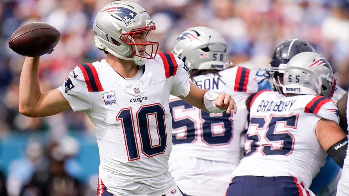 New England Patriots quarterback Drake Maye (10) fires the ball downfield