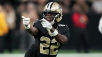 New Orleans Saints wide receiver Rashid Shaheed (22) celebrates after a play against the New York Giants during the fourth quarter at Caesars Superdome.