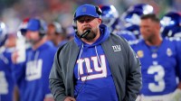 New York Giants head coach Brian Daboll coaches against the Philadelphia Eagles during the second quarter at MetLife Stadium.