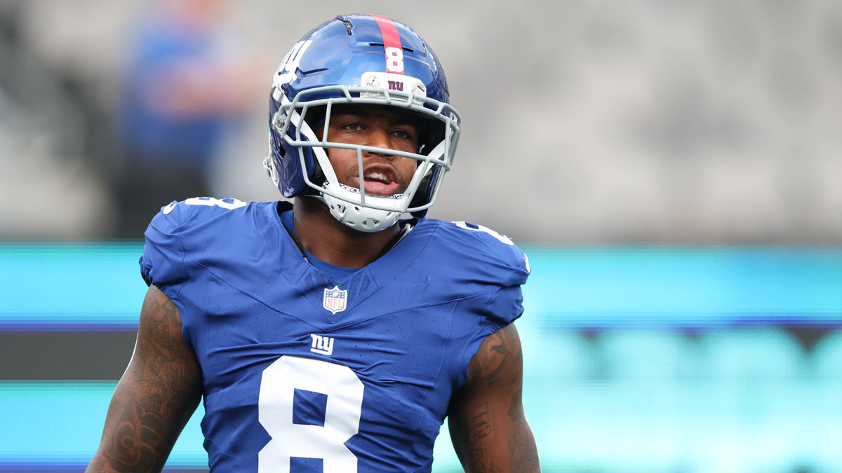 New York Giants safety Jevon Holland (8) on the field before the preseason game against the New York Jets at MetLife Stadium.