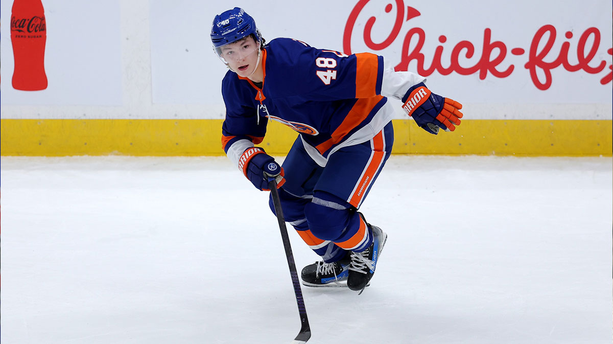 New York Islanders defenseman Matthew Schaefer (48) skates against the Washington Capitals during the third period at UBS Arena.