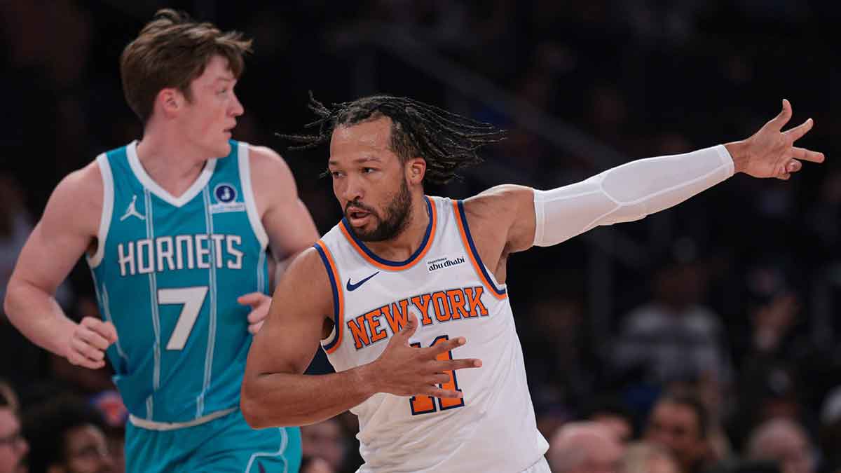 New York Knicks guard Jalen Brunson (11) reacts after making a three point basket during the first half at Madison Square Garden.