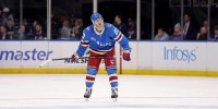 New York Rangers defenseman Adam Fox (23) reacts after missing a shot against the Minnesota Wild during the third period at Madison Square Garden.