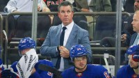 New York Rangers head coach Mike Sullivan looks on during the third period of a preseason game against the Boston Bruins at Madison Square Garden. Mandatory Credit: Vincent Carchietta-Imagn Images