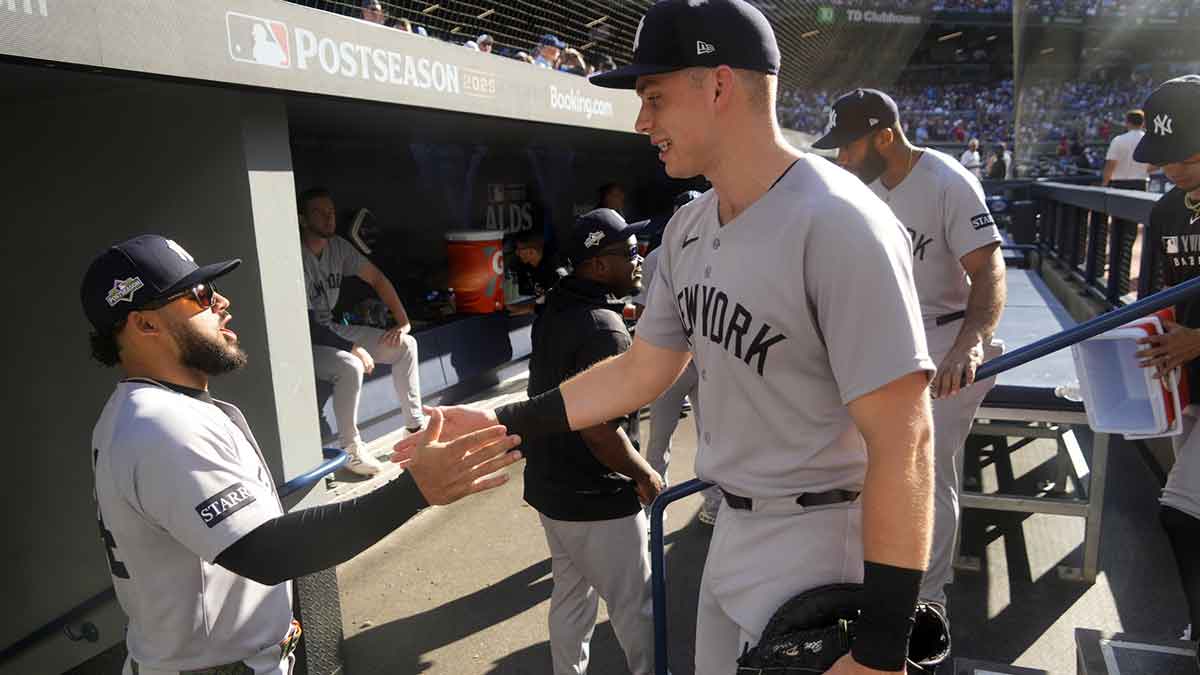 New York Yankees left fielder Jasson Dominguez (24) and first baseman Ben Rice (22) before game two of the ALDS round for the 2025 MLB playoffs against the Toronto Blue Jays at Rogers Centre.