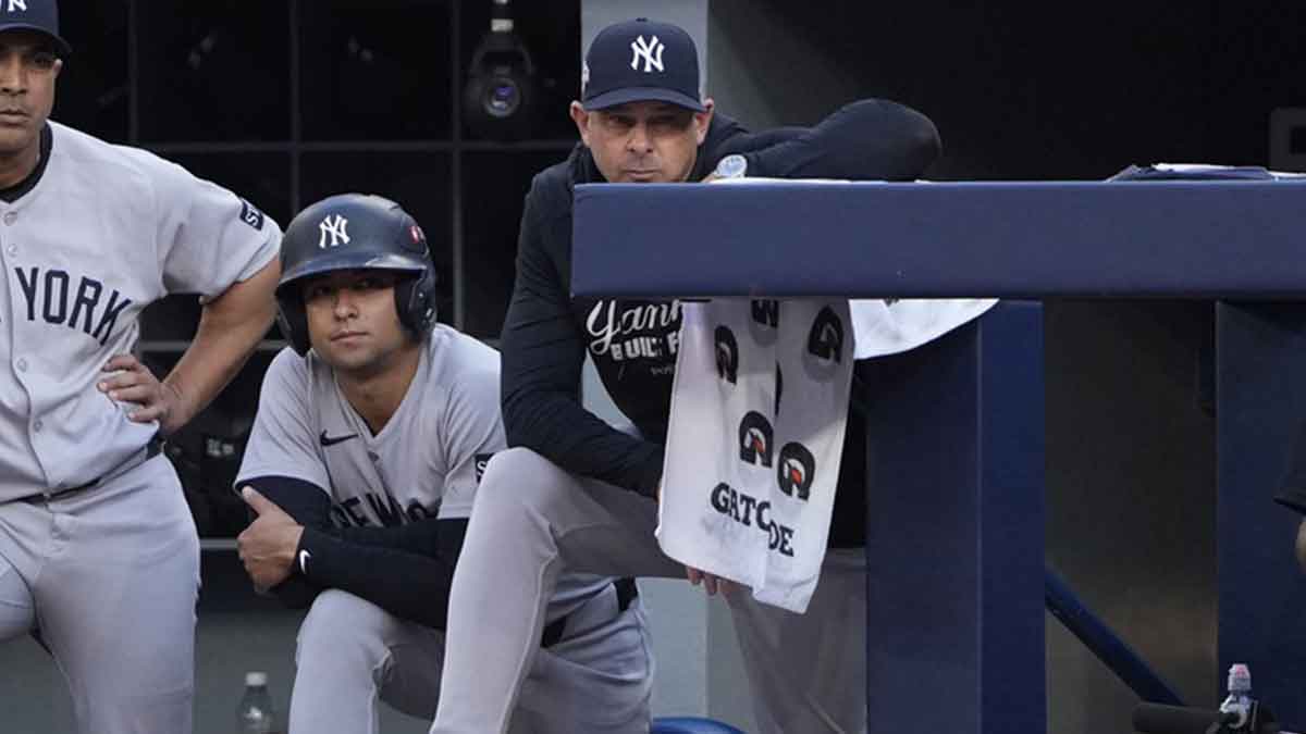 New York Yankees manager Aaron Boone (17) in the fifth inning against the Toronto Blue Jays during game two of the ALDS round for the 2025 MLB playoffs at Rogers Centre.