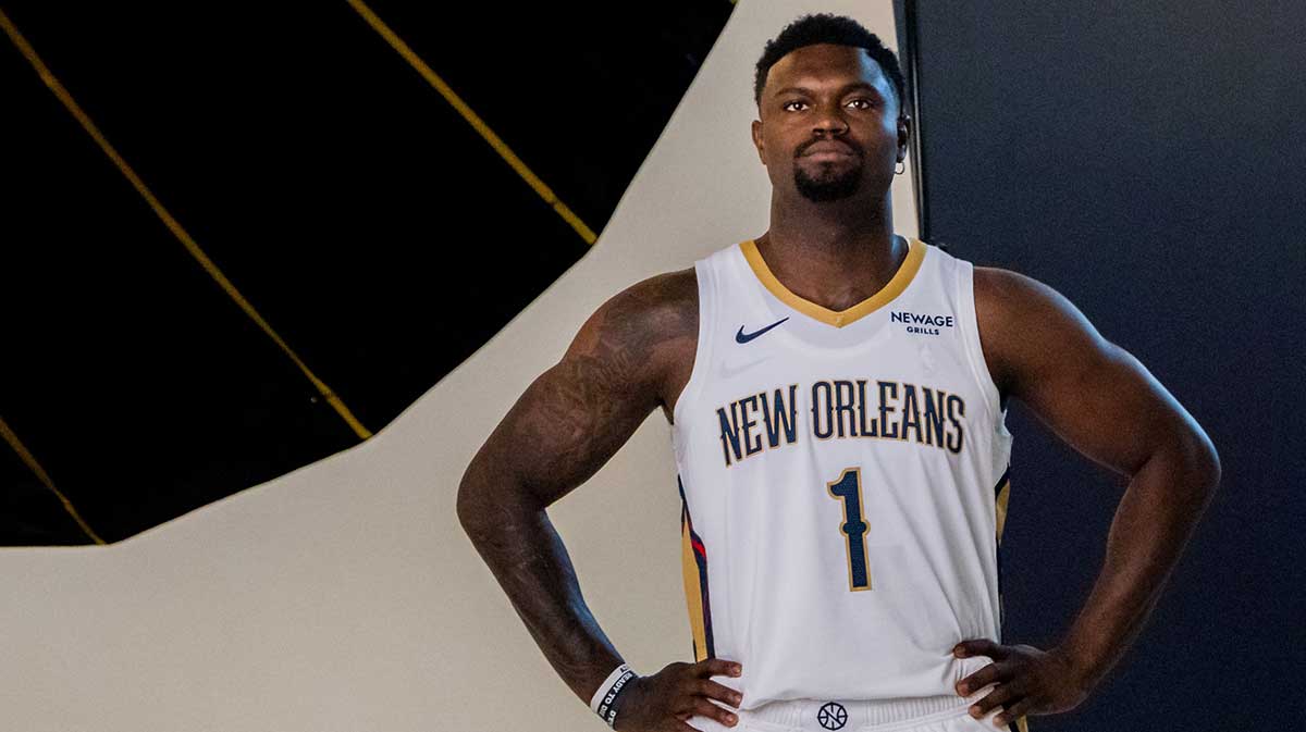 New Orleans Pelicans forward Zion Williamson (1) poses during media day at Ochsner Sports Performance Center.