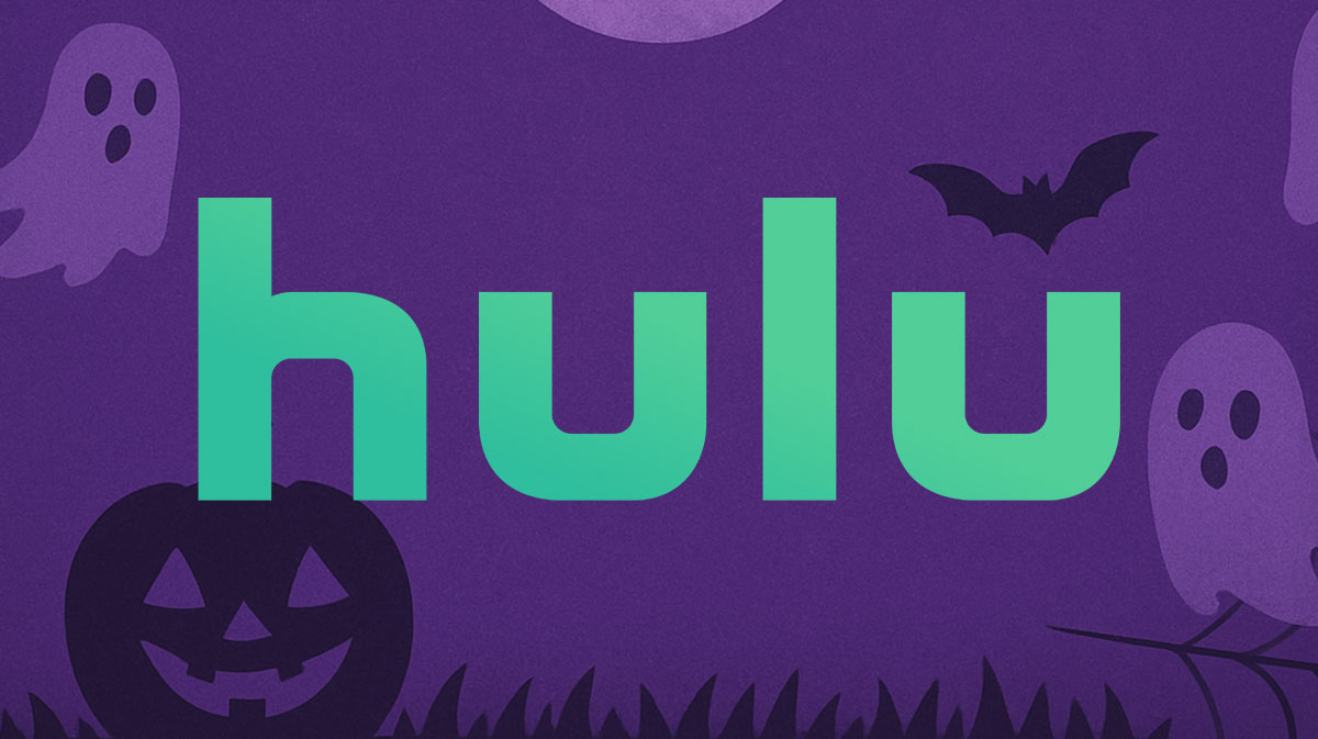 Hulu logo with purple Halloween background.