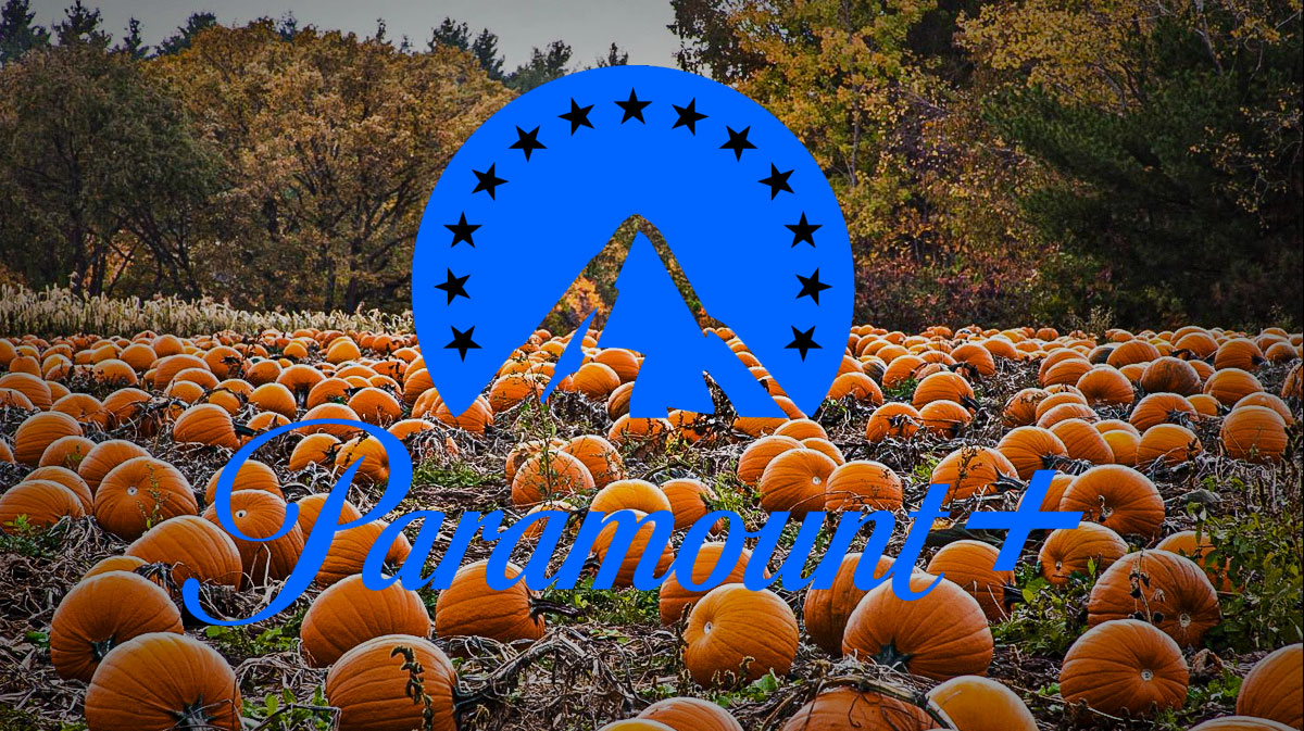 Paramount+ logo in front of a pumpkin patch.