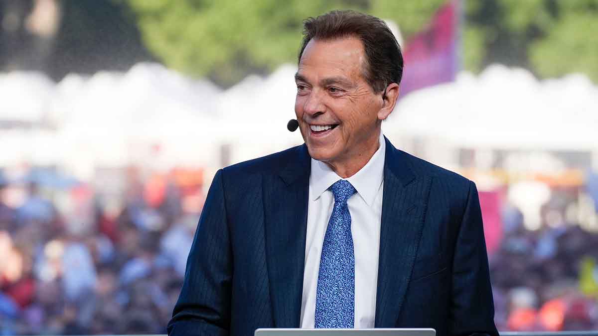 Former Alabama coach Nick Saban smiles as he is on set during ESPN’s College GameDay on location on the Quad at the University of Alabama before the Alabama versus Vanderbilt game.