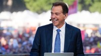 Former Alabama coach Nick Saban smiles as he is on set during ESPN’s College GameDay on location on the Quad at the University of Alabama before the Alabama versus Vanderbilt game.