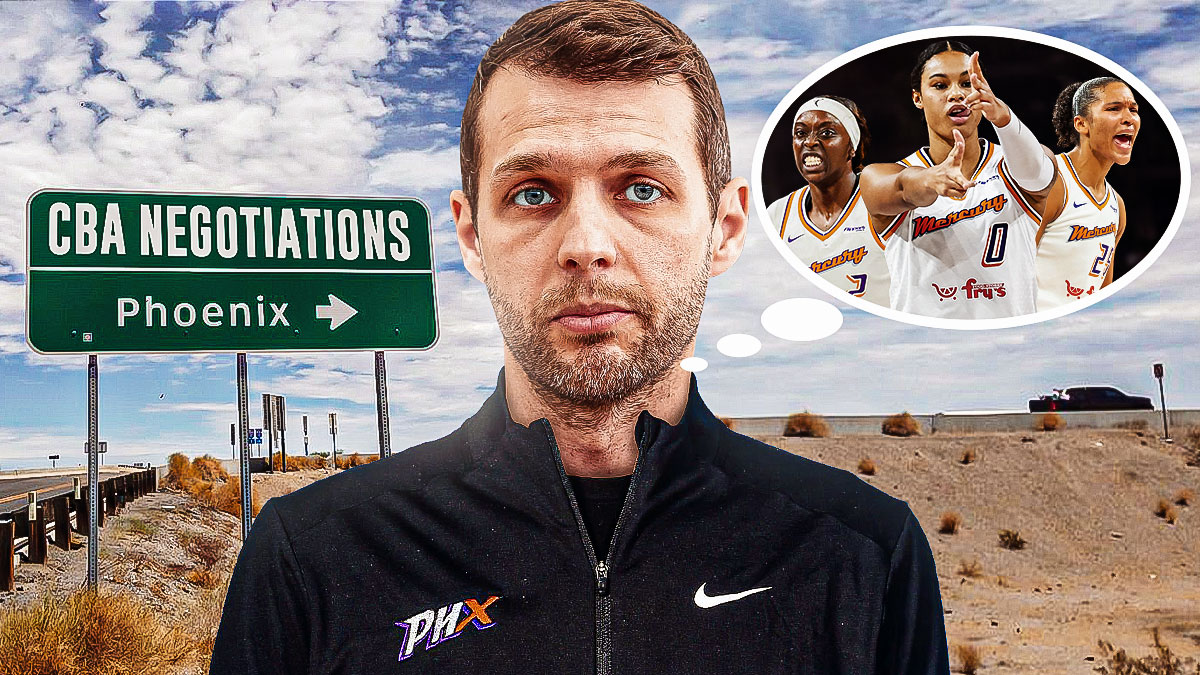 Phoenix Mercury general manager Nick U'Ren looking concerned, with a street sign that says "CBA negotiations" to his left. Also, there's a thought bubble of Mercury players Satou Sabally, Alyssa Thomas, and Kahleah Copper.