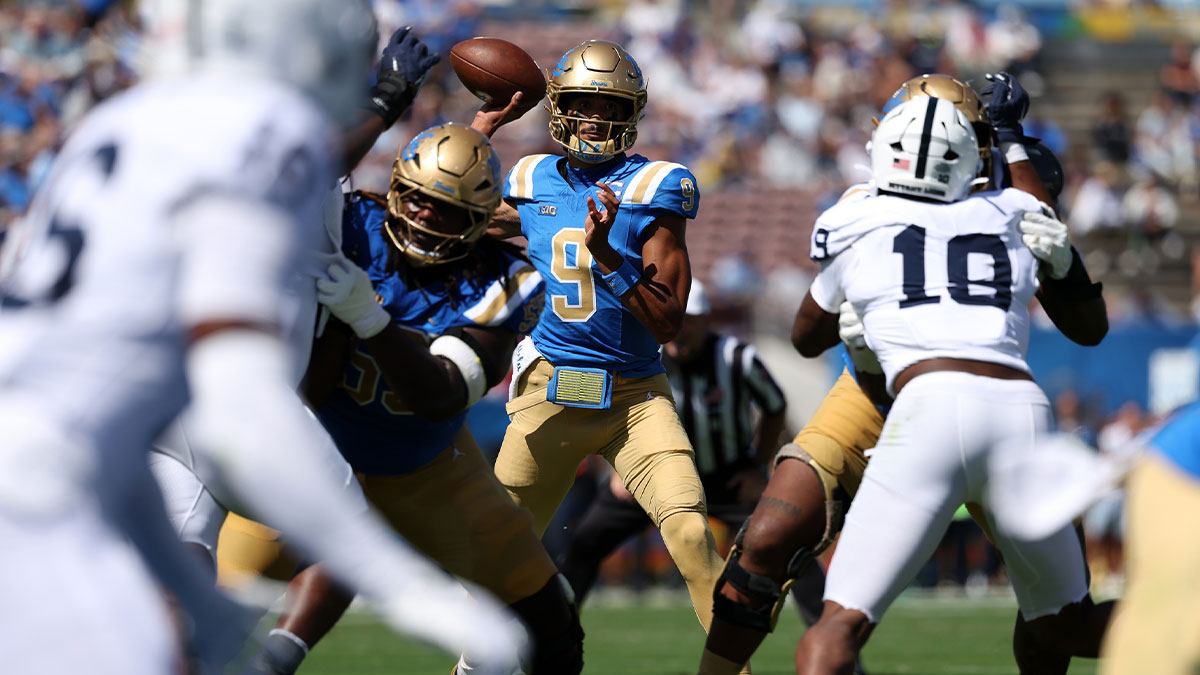 UCLA Bruins quarterback Nico Iamaleava (9) looks to pass during the first quarter against the Penn State Nittany Lions at Rose Bowl.