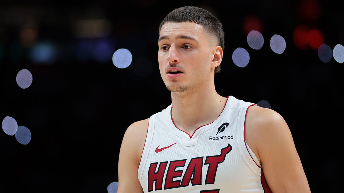 Miami Heat forward Nikola Jovic (5) looks on against the Charlotte Hornets during the fourth quarter at Kaseya Center.