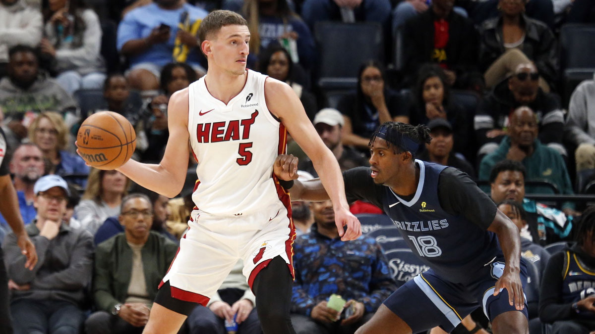 Miami Heat forward Nikola Jovic (5) handles the ball as Memphis Grizzlies forward Olivier-Maxence Prosper (18) defends during the fourth quarter at FedExForum.