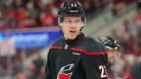 Carolina Hurricanes left wing Nikolaj Ehlers (27) looks on against the New Jersey Devils during the third period at Lenovo Center.