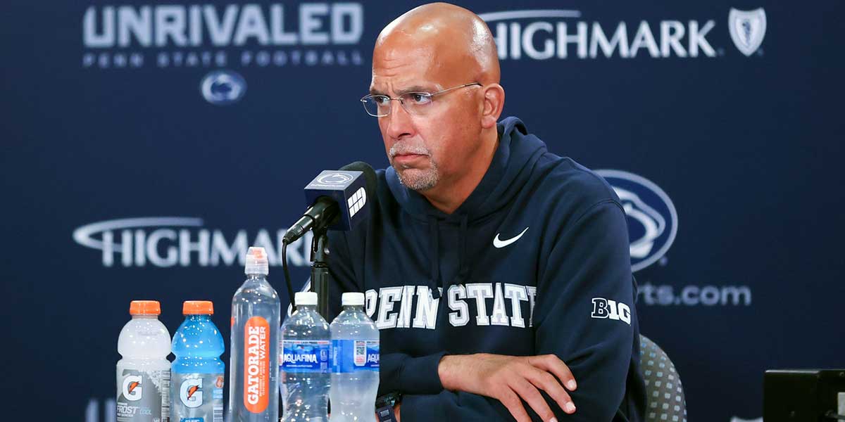 Penn State Nittany Lions head coach James Franklin answers questions from the media following the game against the Northwestern Wildcats at Beaver Stadium.
