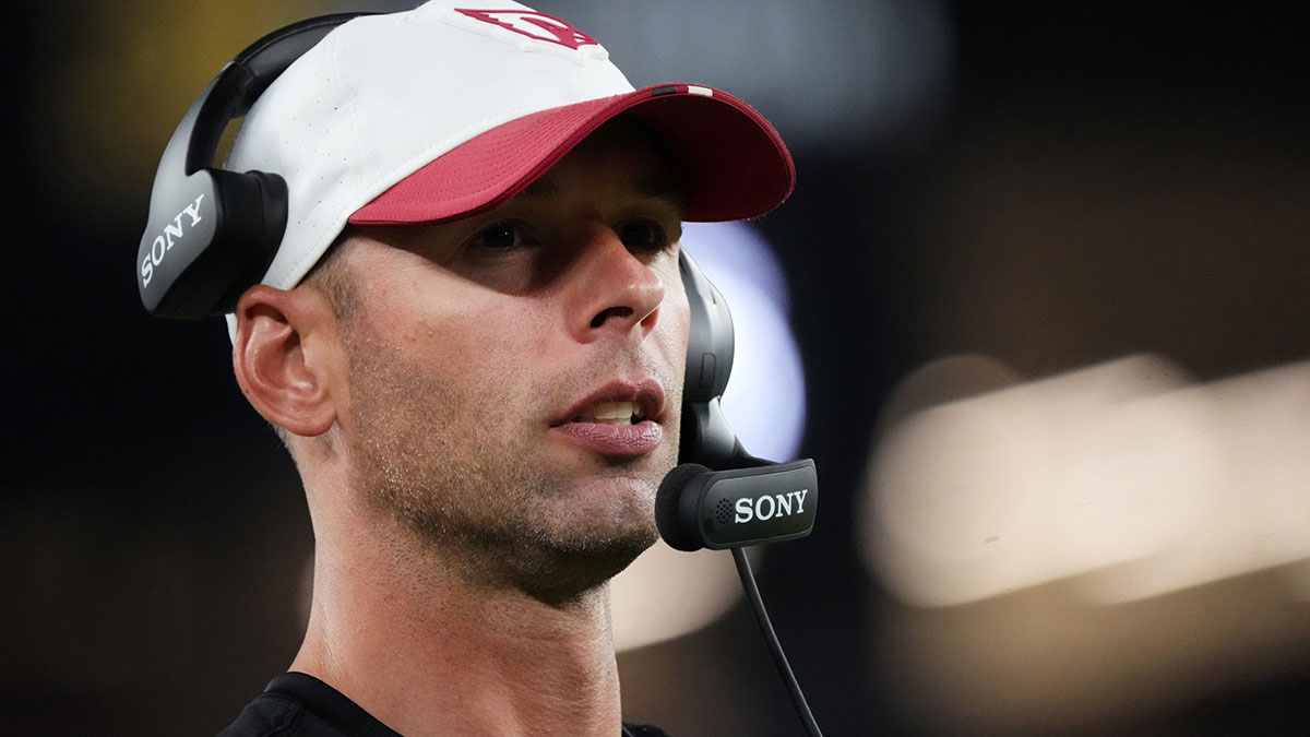 Arizona Cardinals head coach Jonathan Gannon watches from the sidelines as they play against the Las Vegas Raiders at State Farm Stadium in Glendale, on Aug. 23, 2025.
