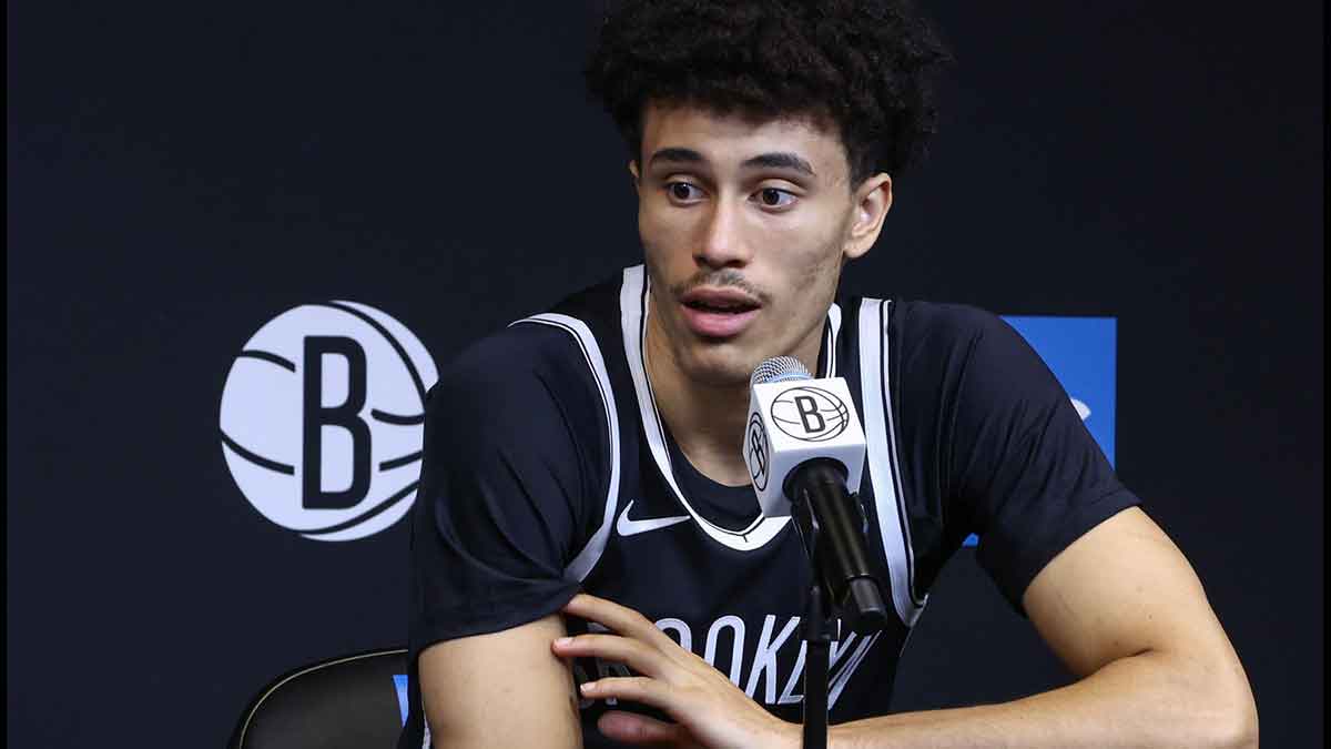 Brooklyn Nets guard Nolan Traore (88) speaks at Media Day.