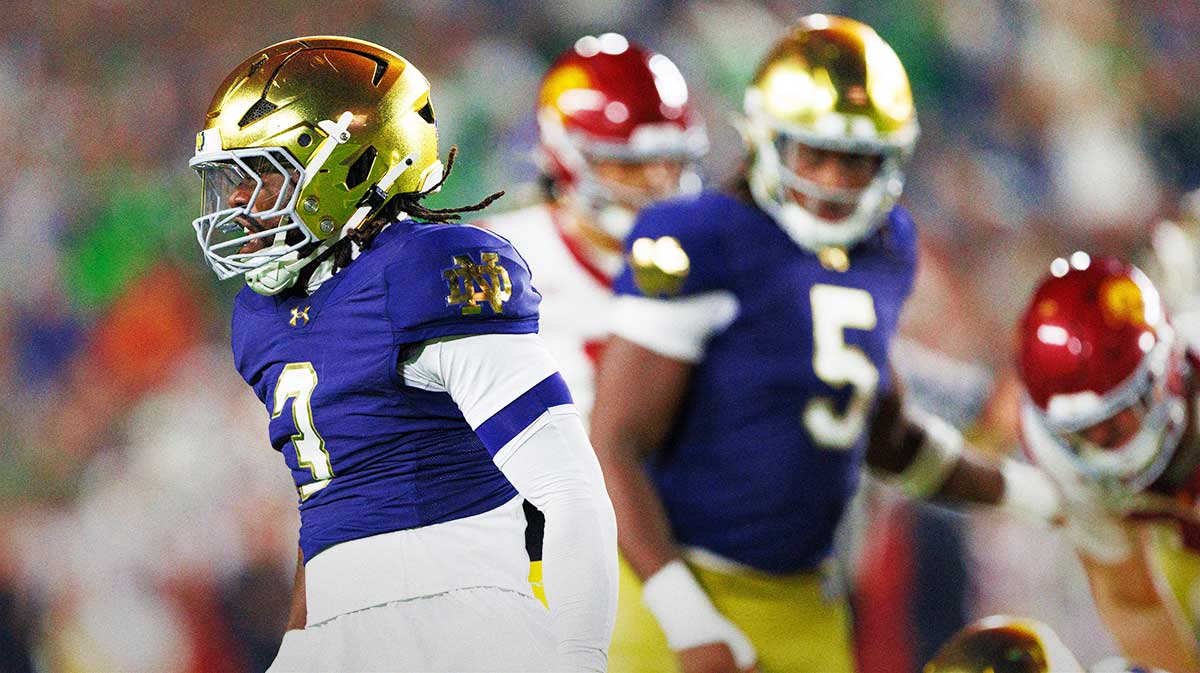 Notre Dame linebacker Jaylen Sneed (3) celebrates after getting a stop in the first half of a NCAA football game against Southern California.