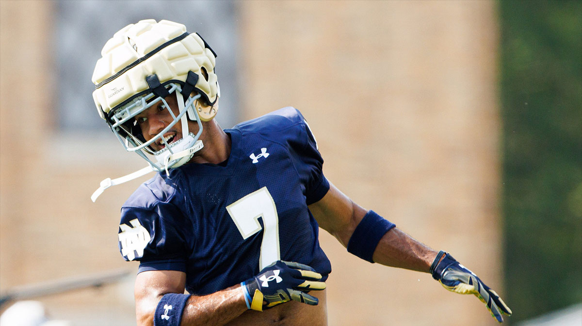 Notre Dame cornerback Jaden Mickey participates in a drill during a Notre Dame football practice at Irish Athletic Center