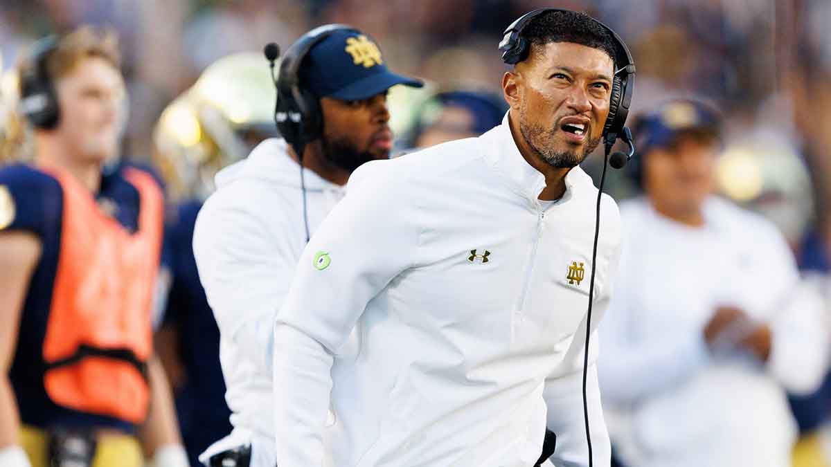 Notre Dame head coach Marcus Freeman looks on in the second half of a NCAA football game against NC State at Notre Dame Stadium on Saturday, Oct. 11, 2025, in South Bend.